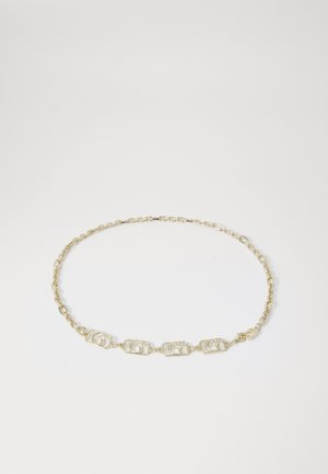Gold-tone chain necklace with interlocking rectangular links. Features smooth texture and alternating patterned accents, creating an elegant design.