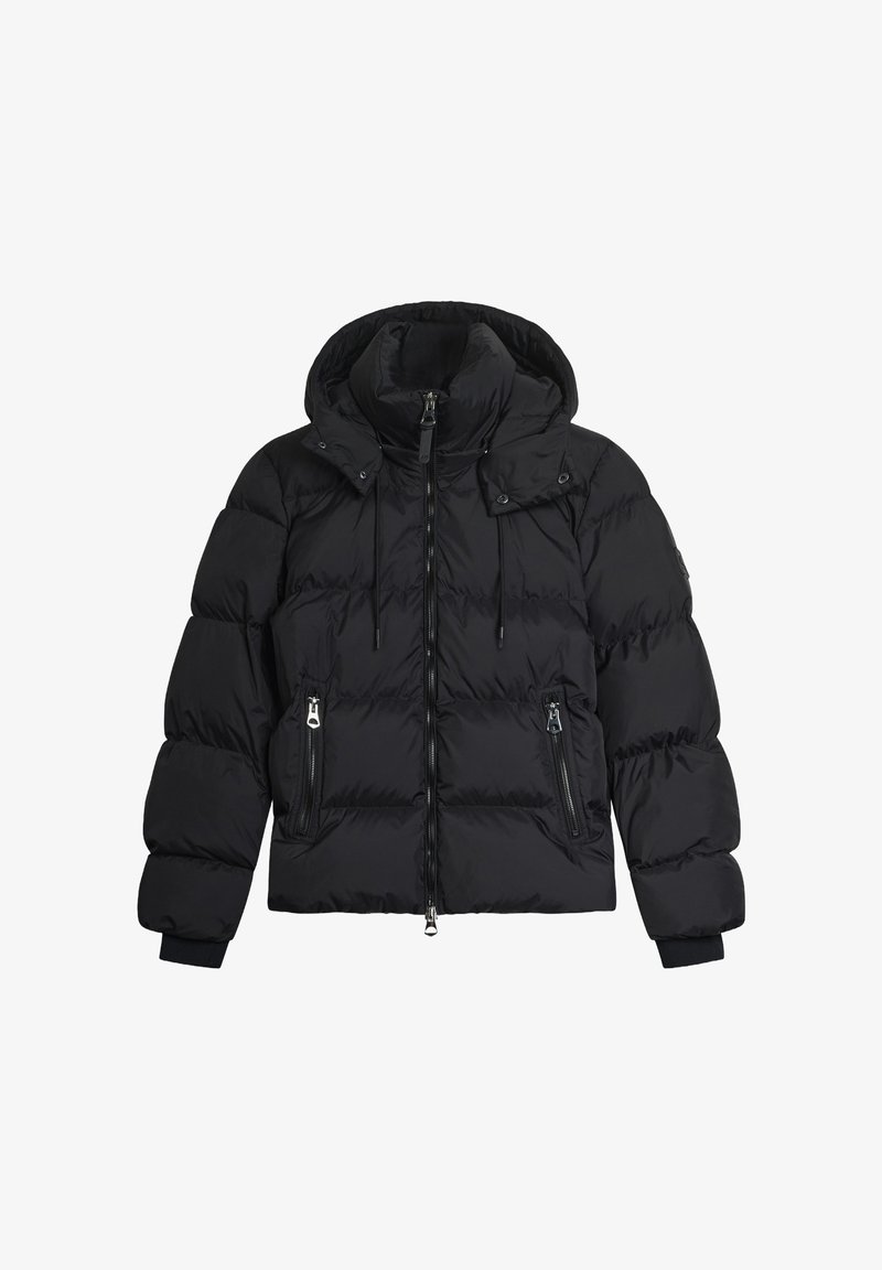 Chaqueta de plumas negra con capucha, cierre frontal con cremallera y dos bolsillos laterales. Cuenta con compartimentos para aislamiento y cordones ajustables.