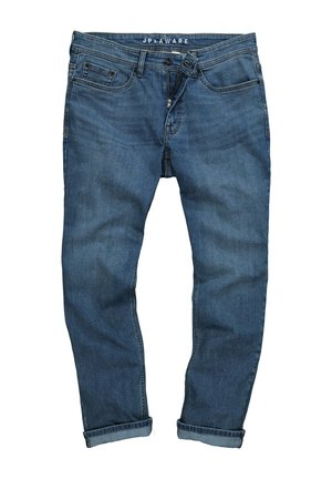 Jeans aus Denim in mittlerem Blau mit Reißverschluss, Knopfverschluss, fünf Taschen und umgeschlagenen Säumen. Klassischer Schnitt mit leichtem Verblassen.