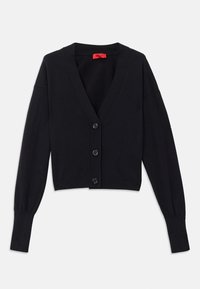 Svart kort cardigan med V-hals, lange ermer og fir-knapp lukking. Laget av mykt strikkemateriale med ribbestrikkede mansjetter og kant.