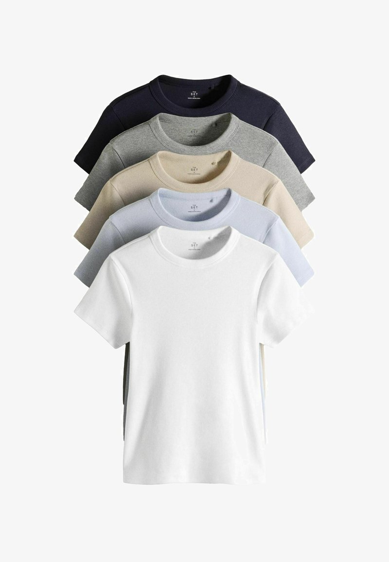 Five plain short-sleeve crew neck t-shirts stacked in colors white, light blue, beige, gray, and dark blue on a white background.