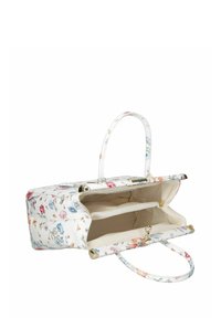 Blomsterhandtaske med en hvid base og farverige blomstermønstre, to håndtag, en struktureret overflade og et rummeligt forret indre med rum.