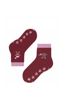 Bordowe skarpetki z różowymi prążkowanymi mankietami. Każda skarpetka ozdobiona jest wzorem misia oraz powtarzającym się wzorem liści w błyszczącym różu.