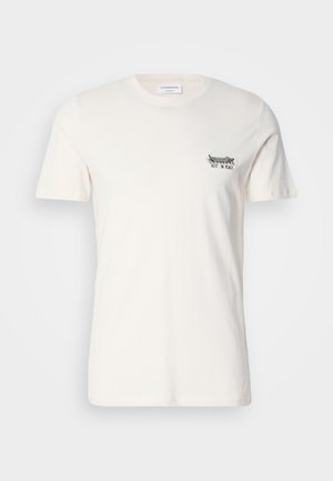 Katoenen t-shirt in off-white, met een ronde halslijn, korte mouwen en een kleine zwart-groene graphic op de linkerborst.