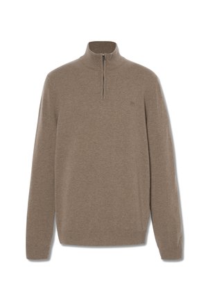 Maglione marrone con collo a mezza zip, realizzato in un morbido tessuto a maglia. Presenta polsini e orlo a coste, con un piccolo logo sul petto.