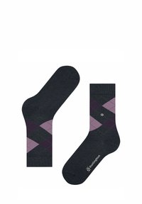 Ciemnoszare skarpetki z mieszanki bawełny, zdobione wzorem w diamenty w kolorze fioletowym i zielonym. Zawierają małe logo z boku oraz gładką fakturę.