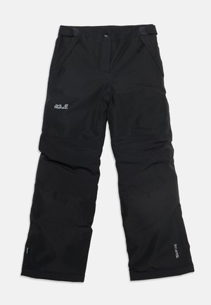 Pantalon d'extérieur noir imperméable avec sangles réglables à la taille, poches latérales et logos sur la cuisse gauche et le bas de la jambe droite.