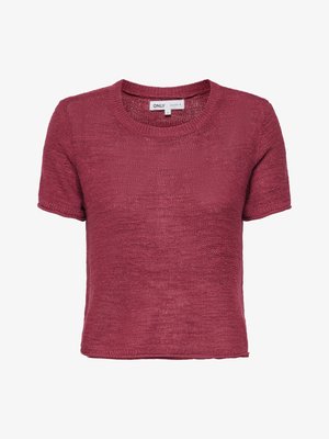 Korte-mouw gebreid crop top in donkerroze met ronde halslijn en zichtbaar merkembleem aan de binnenkant van de kraag.