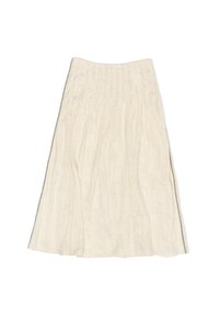Gonna midi plissettata in crema con finitura testurizzata, dotata di chiusura con zip laterale e una silhouette fluida. Il materiale sembra leggero.