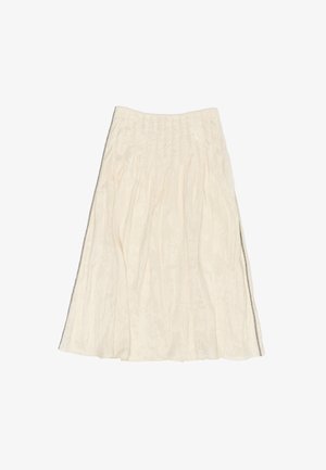 Plisowana spódnica midi w kolorze kremowym z teksturowanym wykończeniem, z bocznym zapięciem na zamek i zwiewnym krojem. Materiał wydaje się lekki.