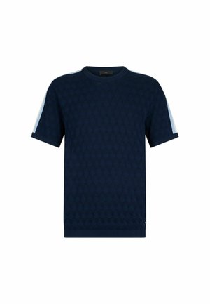 Marineblaue kurzärmlige Strick-T-Shirt mit strukturiertem Diamantmuster und subtilen hellblauen Streifen auf den Schultern. Klassisches Rundhals-Design.