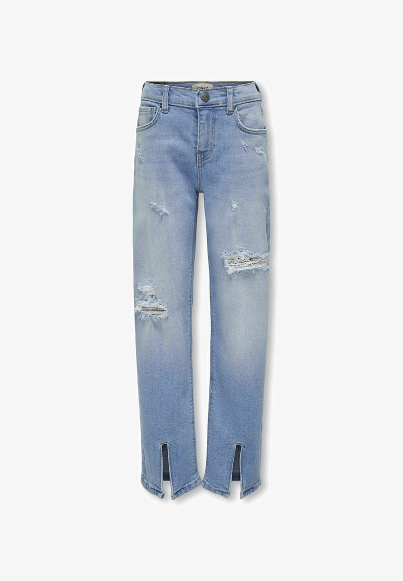 Svetlo modré džíny z denimu s roztrhnutými detailmi, ktoré majú rovný strih a rozdelené lemovanie na členkoch pre dodatočný štýl a ventiláciu.