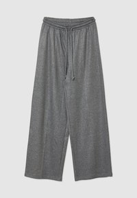 Graue, weit geschnittene Hosen aus einem weichen, strukturierten Stoff, mit einem elastischen Bund und einem Kordelzug für eine verstellbare Passform.