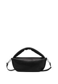 Borsa in pelle nera con manico superiore morbido e arrotondato e tracolla regolabile. Presenta una superficie liscia e chiusura con zip.