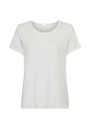 Light grey short-sleeve T-shirt with round neckline, plain design, and visible tag inside collar.