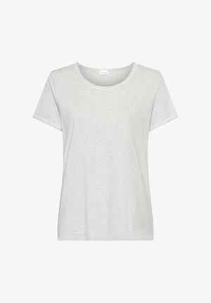 Light grey short-sleeve T-shirt with round neckline, plain design, and visible tag inside collar.