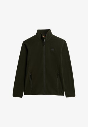 Chaqueta de forro polar verde oscuro con cuello alto, cremallera completa y dos bolsillos laterales. Textura suave con un discreto logo en el pecho.