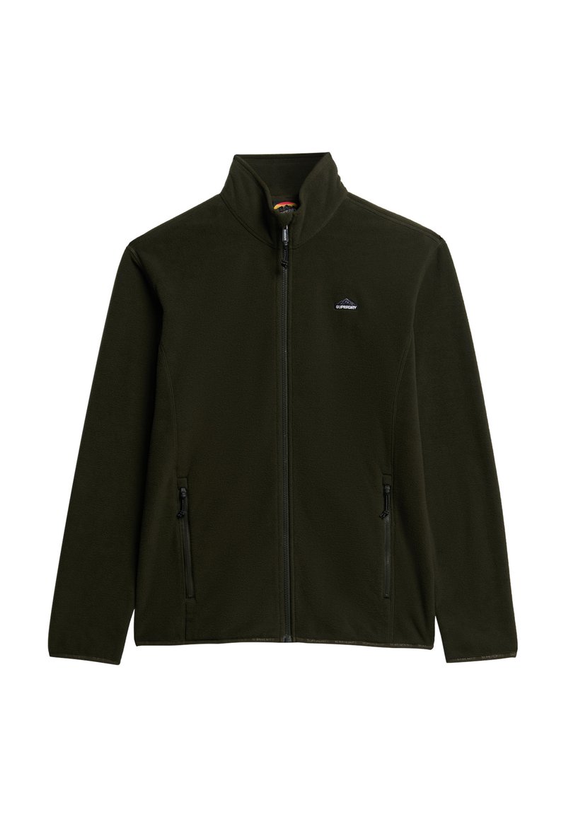 Veste en polaire vert foncé avec un col haut, fermeture éclair intégrale et deux poches latérales. Texture lisse avec un logo discret sur la poitrine.