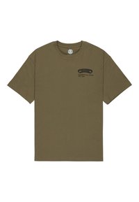 Oliven grøn bomulds t-shirt med korte ærmer og rund hals; har trykt sort tekst og grafik på venstre brystområde.