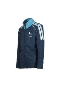 Giacca zip-up blu marina con un colletto azzurro e tre righe bianche sulle spalle. Presenta un piccolo logo e due tasche laterali.