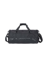 Borsa a cilindro nera in tessuto resistente, forma cilindrica, doppie maniglie, tracolla regolabile, dettagli lucidi e chiusura con zip.