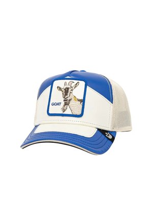 Gorra de béisbol azul y blanca con malla en la parte trasera, que presenta un diseño de cabra bordado y la palabra "GOAT" en el panel frontal.