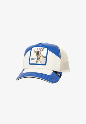Gorra de béisbol azul y blanca con malla en la parte trasera, que presenta un diseño de cabra bordado y la palabra "GOAT" en el panel frontal.