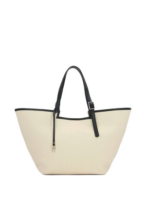 Grand sac fourre-tout en tissu beige avec poignées et accents en cuir noir. Présente une large ouverture supérieure et une forme structurée.