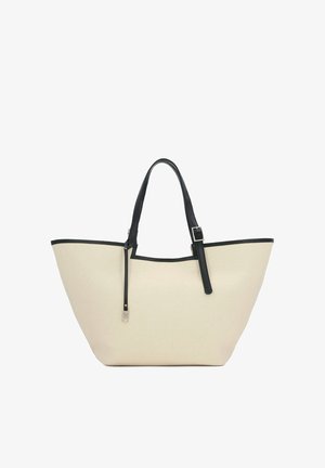Stor taske i beige stof med håndtag og detaljer i sort læder. Har en bred, åben top og en struktureret form.