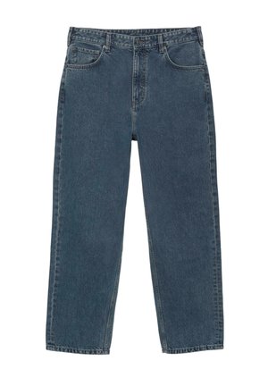 Mørkeblå lige ben denim jeans med forlommer, bæltestropper og knaplukning.