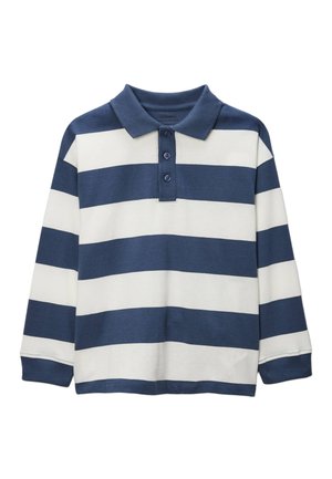 Polo à manches longues rayé bleu marine et blanc en coton, doté d'un col et d'une patte de boutonnage à trois boutons. Texture douce, design décontracté.
