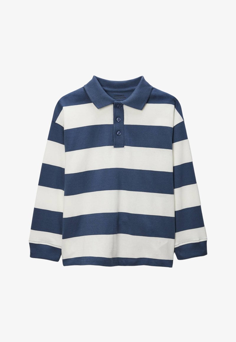 Polo à manches longues rayé bleu marine et blanc en coton, doté d'un col et d'une patte de boutonnage à trois boutons. Texture douce, design décontracté.