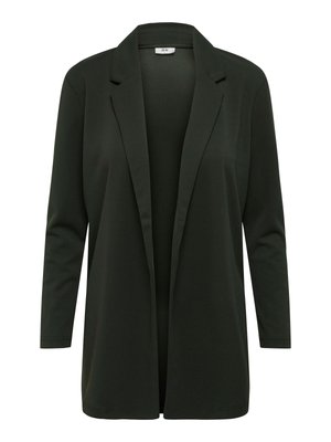 Blazer aperto verde scuro, con colletto, maniche lunghe e texture liscia. Non ci sono chiusure o tasche visibili. Design semplice e minimalista.