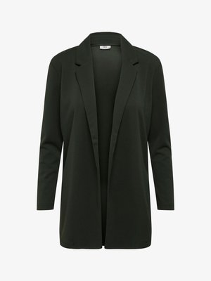 Blazer aperto verde scuro, con colletto, maniche lunghe e texture liscia. Non ci sono chiusure o tasche visibili. Design semplice e minimalista.