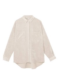 Camicia beige con bottoni, maniche lunghe, due tasche frontali, colletto e orlo leggermente curvo. Tessuto morbido e strutturato.