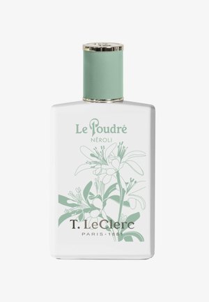 White rectangular perfume bottle with green cap, floral illustration, and text "Le Poudré Néroli" and "T. LeClerc Paris 1881."