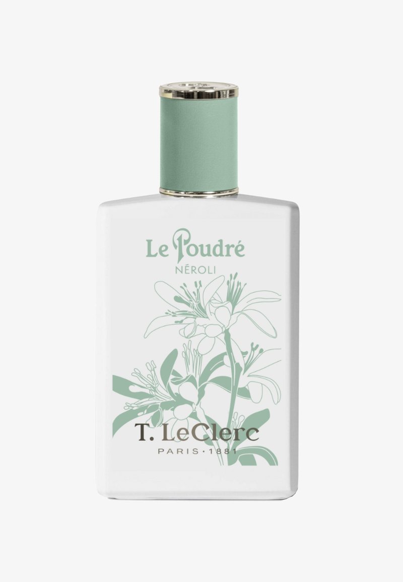 White rectangular perfume bottle with green cap, floral illustration, and text "Le Poudré Néroli" and "T. LeClerc Paris 1881."