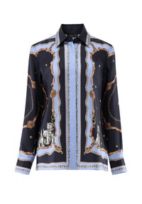 Silk long-sleeve shirt with blue and black panels, gold chain and belt patterns, and white dog illustrations near the bottom front.