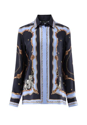 Silk long-sleeve shirt with blue and black panels, gold chain and belt patterns, and white dog illustrations near the bottom front.
