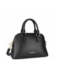 Borsa a mano in pelle nera con finitura testurizzata, doppi manici superiori, tracolla rimovibile, hardware dorato e logo del marchio impresso sul fronte.