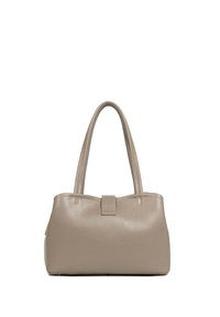 Borsa in pelle beige con due manici lunghi, forma strutturata e chiusura centrale a pattina. Texture liscia con un delicato dettaglio a grana.