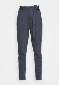 Marineblaue, taper geschnittene Hose mit hohem Bund, ausgestattet mit Falten und einem gebundenen Gürtel. Aus weichem Stoff gefertigt, verfügen sie über seitliche Taschen und ein elegantes Design.