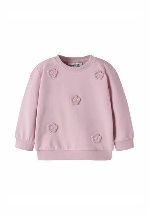 Sweatshirt rose pâle à manches longues avec encolure ronde et cinq appliqués de fleurs au toucher doux sur le devant.