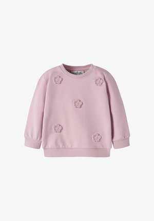 Felpa a maniche lunghe di colore rosa chiaro con scollo rotondo e cinque applique di fiori dalla trama morbida sul davanti.