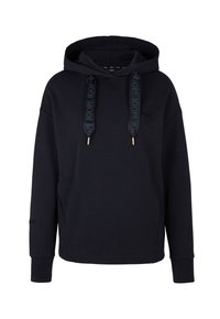 Sweat à capuche noir à manches longues, poche kangourou sur le devant et larges cordons imprimés avec le nom de la marque "JOOP" en lettres sombres.
