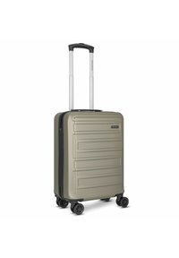 Hard-shell suitcase in olive green with ridged design, black accents, extendable handle, and four black wheels for mobility.