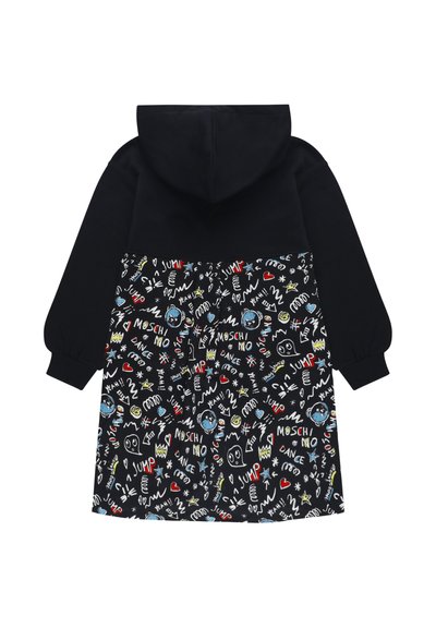 Abito nero con cappuccio, maniche lunghe e un motivo multicolore in stile graffiti composto da parole, stelle, cuori e faccine sui bordi.