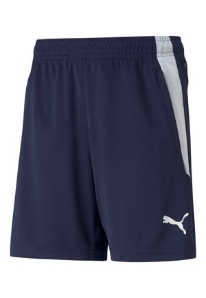 Marineblauwe sportshorts van gladde stof, met een wit netpaneel aan de zijkant en een wit logo aan de zoom. Elastische tailleband.