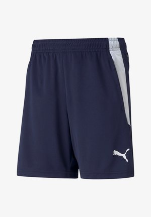 Marineblaue Sportshorts aus glattem Material, mit einem weißen Mesh-Einsatz an der Seite und einem weißen Logo am Saum. Elastischer Bund.