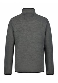 Grå fleecepulloverjacka med ståkrage, texturerad yta och långa ärmar; har strukturerade axelsömmar och en slät fåll.
